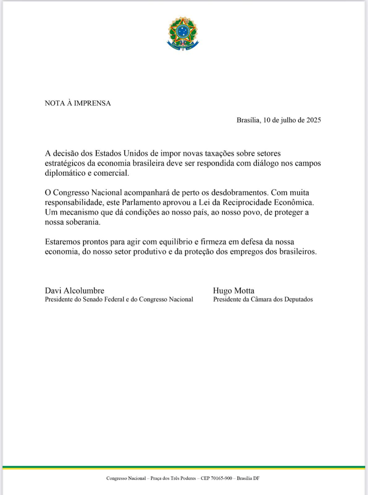 NOTA À IMPRENSA