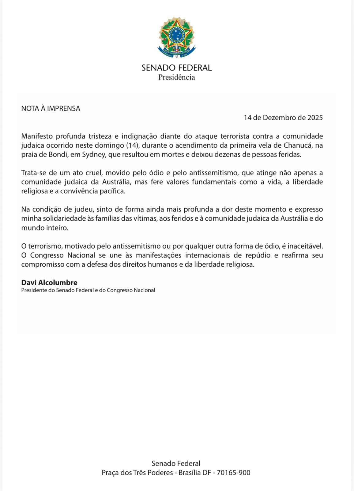 NOTA À IMPRENSA